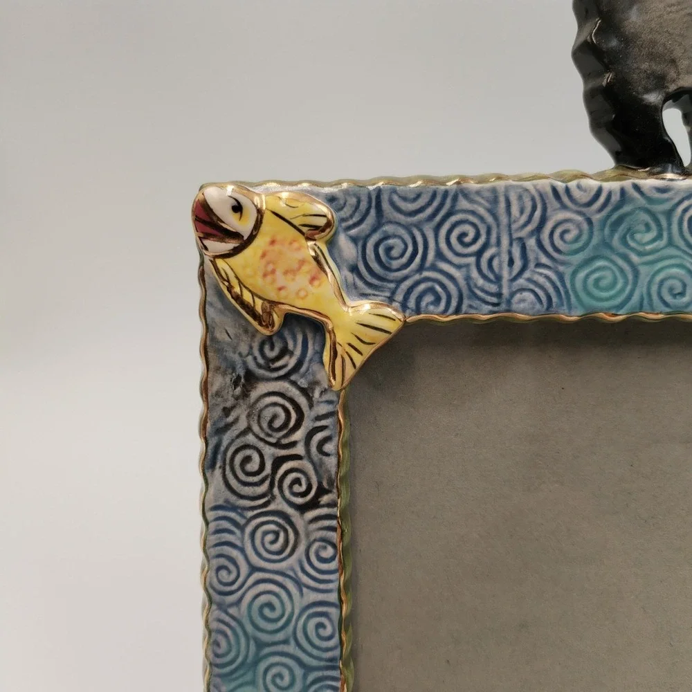 Vtg 2003‎ Blue Sky Clayworks Heather Goldminc Bear Fish Tree Ceramic Photo Frame